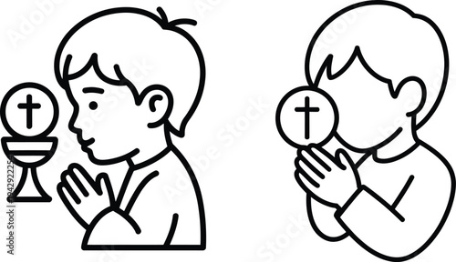 Boys praying with holy communion wafers and chalices