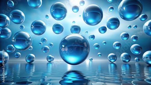 Floating Spheres Reflecting in a Tranquil Blue Water Surface, a Serene Abstract Image of Glistening Orb-like Objects Suspended Above a Calm Body of Water.