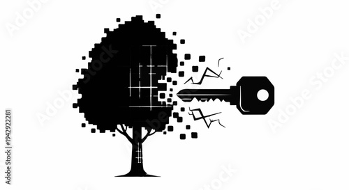 Digital key unlocking a dissolving tree, symbolizing data access or transformation.