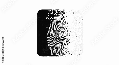 Digital fingerprint dissolving into abstract data particles, representing identity loss and technology