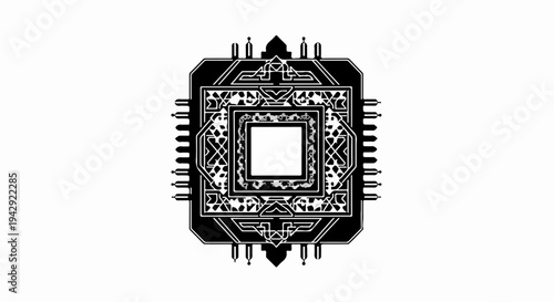 Intricate geometric digital circuit design with a central square opening