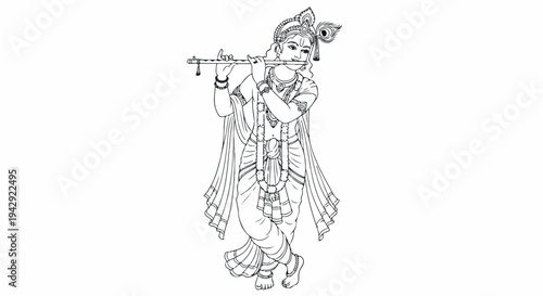 A line drawing of a man playing a flute in traditional Indian attire with intricate details on a plain white background.