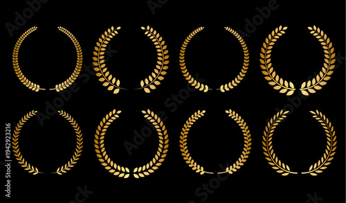 金色ローレルリースフレームセット（黒背景・高級感のある月桂冠装飾ベクター）