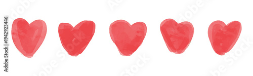 Set of five red watercolor hearts icons. Red hearts symbol, love sign, heartbeat silhouette.