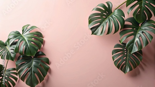 Tropical foliage arranged symmetrically on a pale pink background, creating a visually appealing and serene composition perfect for design projects and branding applications.