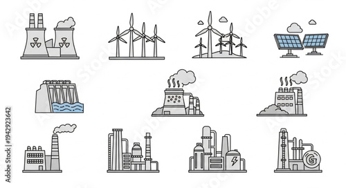 Collection of industrial factory and power plant icons.