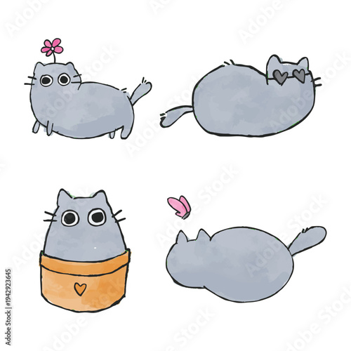 Adorable lovely cats and flower, pot, and butterfly. Vector illustration.