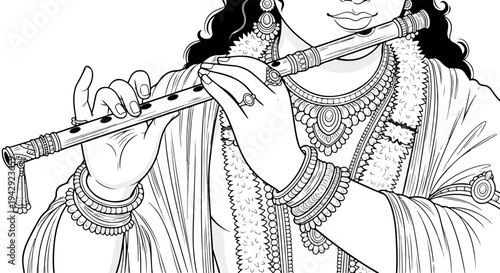 Illustration of a person playing a flute with ornate traditional Indian attire and jewelry on a white background.