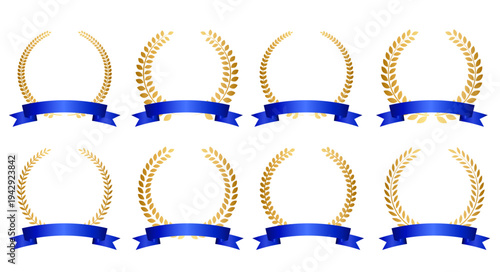 青リボン付きローレルフレームセット（月桂冠のアワードラベルベクター）