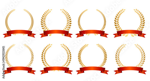 赤リボン付きローレルフレームセット（月桂冠のアワードラベルベクター）