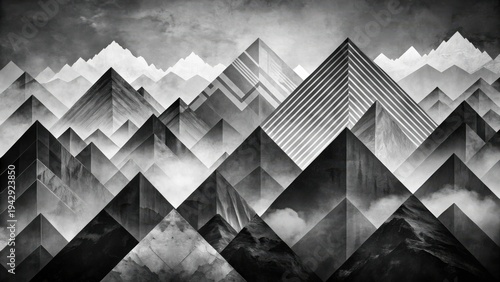 Abstract Monochromatic Mountain Range Geometric Peaks and Misty Valleys in a Striking Black and White Composition