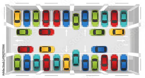 Aerial view of a full parking lot with colorful cars.