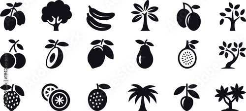 Black and white fruit silhouettes tropical on white background