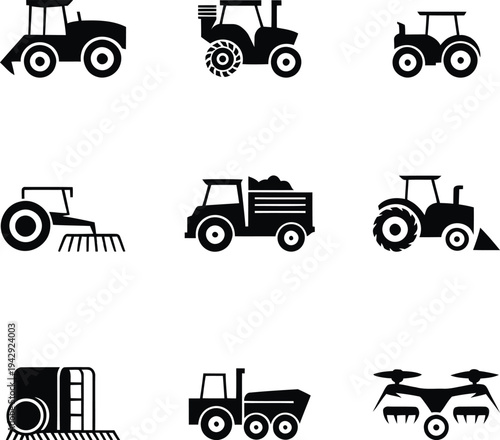 Black tractor farm equipment tractors on white background