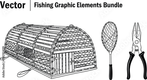 Fishing graphic elements bundle, vector illustration of fish trap, net, pliers, marine harvesting tools, seafood equipment design, fishing gear concept, black silhouettes