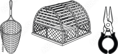 Fishing tools silhouettes, vector illustration of net, lobster trap, crab pot, pliers, marine equipment design, seafood harvesting, fishing gear concept