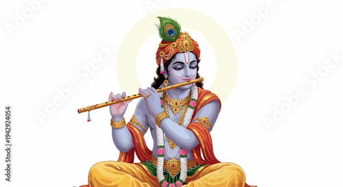 Illustration of Krishna playing a flute while sitting in a lotus position against a plain white background with a subtle halo.