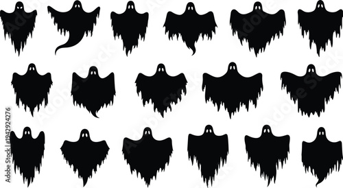 Ghost silhouettes collection, eighteen spooky figures with varied shapes, jagged and smooth edges, Halloween vector illustration, scary artwork design, haunted theme concept