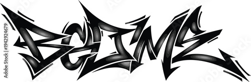 Graffiti typography artwork, bold angular letters, dynamic street art design, urban culture vector illustration, black and gray gradient highlights, artistic lettering concept