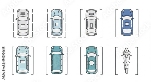 Top view of various vehicles parked in designated spots.