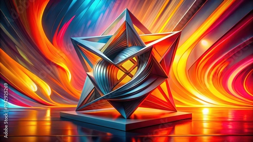 Abstract Metallic Star Sculpture on Vibrant Swirling Background