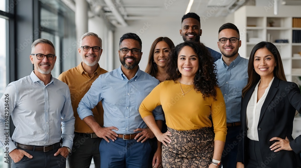 Fototapeta premium Diverse Group of Professionals Smiling Together in Modern Office Setting with Natural Light