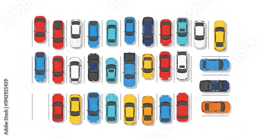 Top view of many colorful cars parked in a lot.