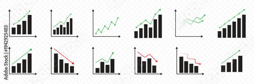 Collection of growing bar graph icon set. Business infographics icons. Charts diagrams, down or up arrow, candlestick, bar charts, pie charts, economy reduction and more. Vector illustration