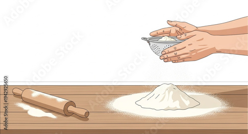 Hands Sifting Flour on Wooden Surface.