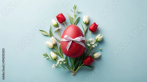 A crimson egg adorned with a delicate silver ribbon, nestled amidst a vibrant arrangement of red and white tulips and small blossoms, rests on a serene light-blue backdrop.