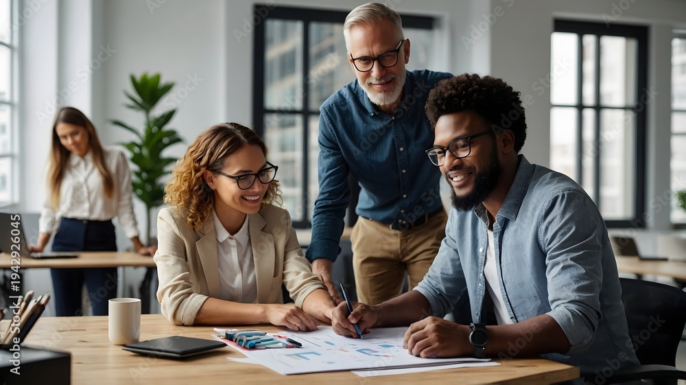 Obraz premium Group of Diverse Professionals Collaborating on Business Strategy in Modern Office Setting
