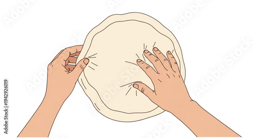 Hands Stretching Pizza Dough Circle.