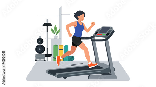 Person running on a treadmill in a gym with exercise equipment nearby indoors