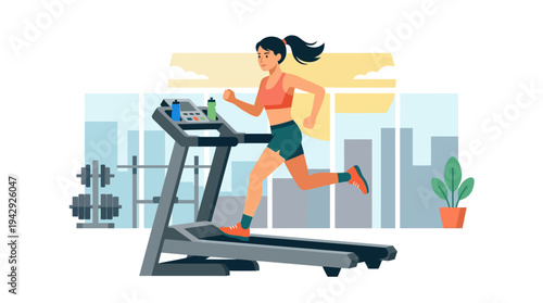 Woman runs on treadmill in gym with city view and exercise equipment nearby.
