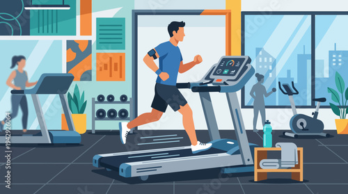 Man running on treadmill in a modern gym with city view and fitness equipment