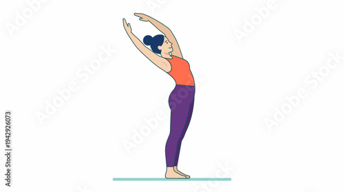 A woman performs a standing yoga pose with arms raised in a serene outdoor setting.