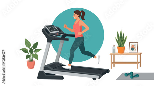 Woman running on treadmill in home gym with plants and dumbbells nearby indoors