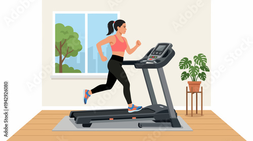Woman running on treadmill in home gym with window and plant nearby