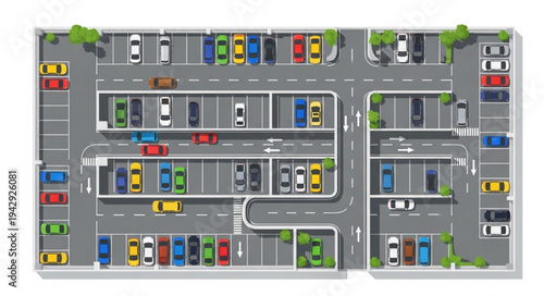 Aerial view of a busy parking lot filled with cars.