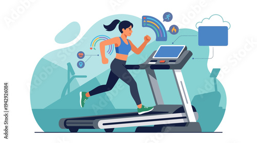 Woman runs on treadmill with colorful fitness icons in a gym environment.