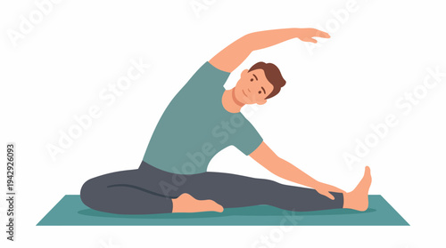 Man stretching on yoga mat in fitness class with people around