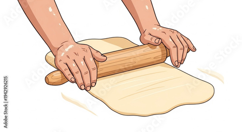 Hands Rolling Dough with Rolling Pin.