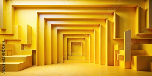 Abstract Yellow Geometric Room Design with Recessed Architectural Features and Multiple Levels