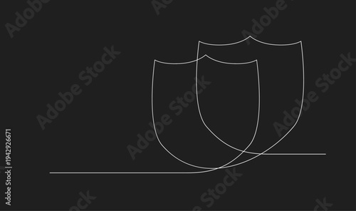 Minimalist continuous line drawing of three overlapping shields on a dark grey background, symbolizing protection and security.