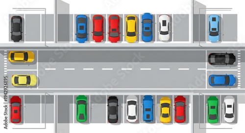 Aerial view of a busy parking lot with many colorful cars.