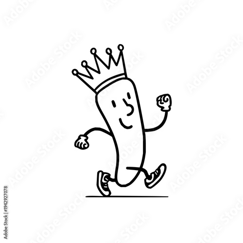 Smiling cartoon hot dog wearing crown runs with fists clenched in white background