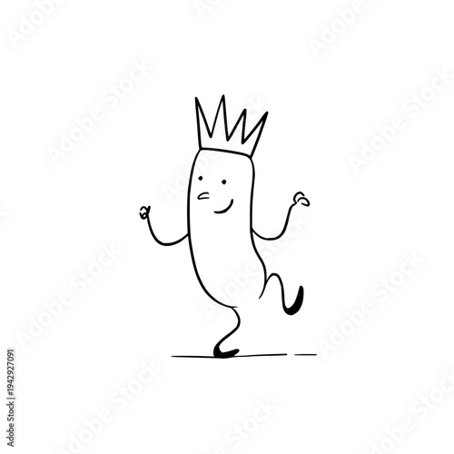A cheerful cartoonish character wearing a crown dances with joy and confidence on a plain white background with black lines