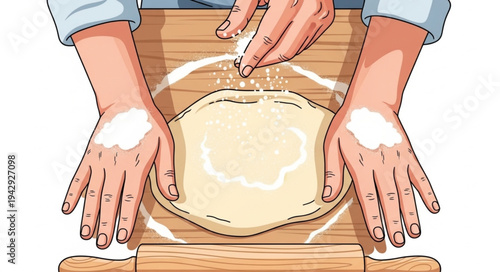 Hands Shaping Pizza Dough on Floured Surface.