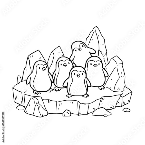 Five penguins standing on a rocky ice shelf in antarctica illustration in black and white line art style