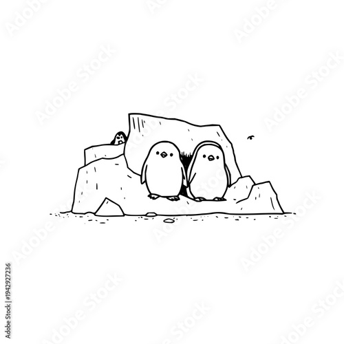 Two penguins standing on ice rocks in a scenic antarctic landscape with a bird flying by